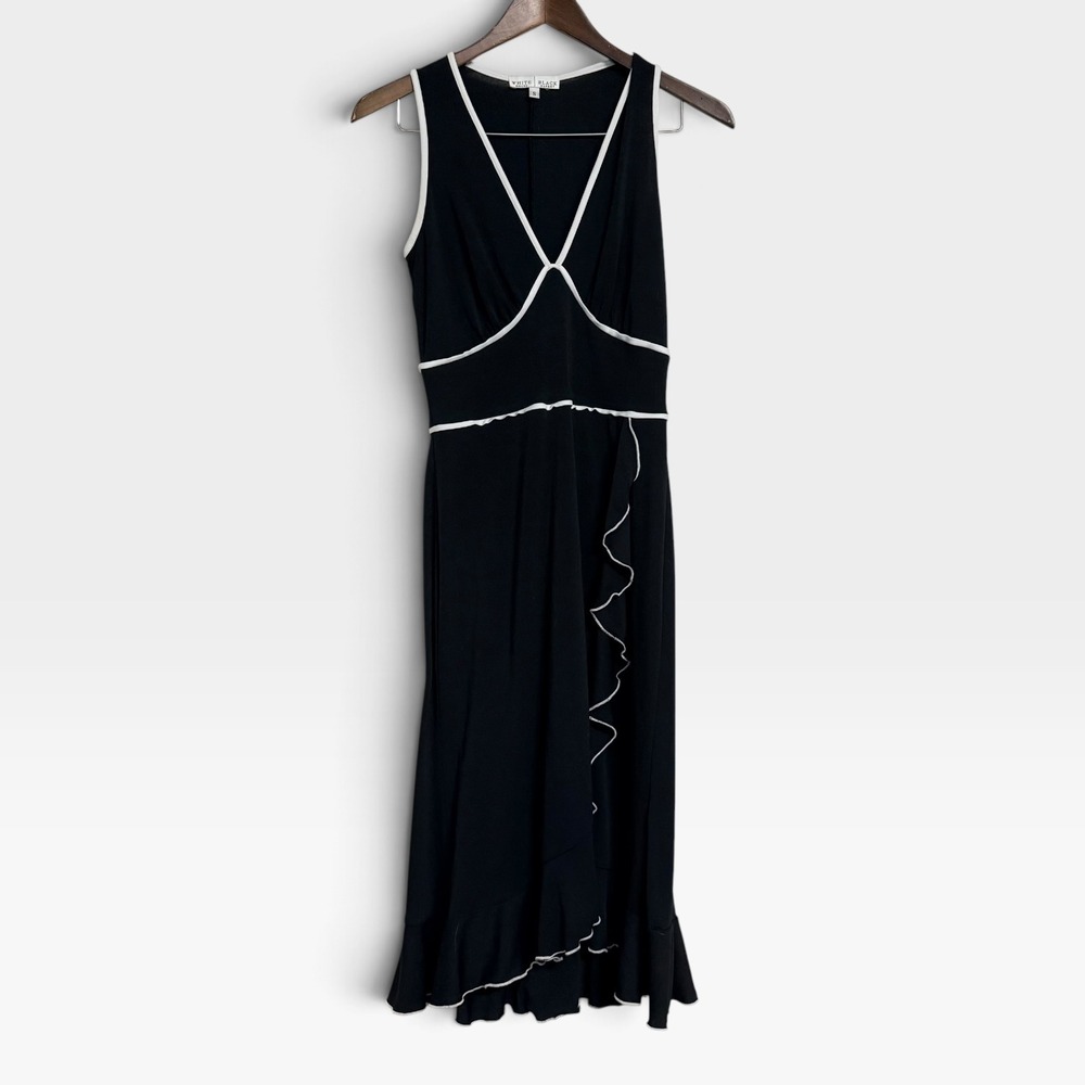 White House Black Market Black White Ruffle Midi Dress V-Neck Womens Small